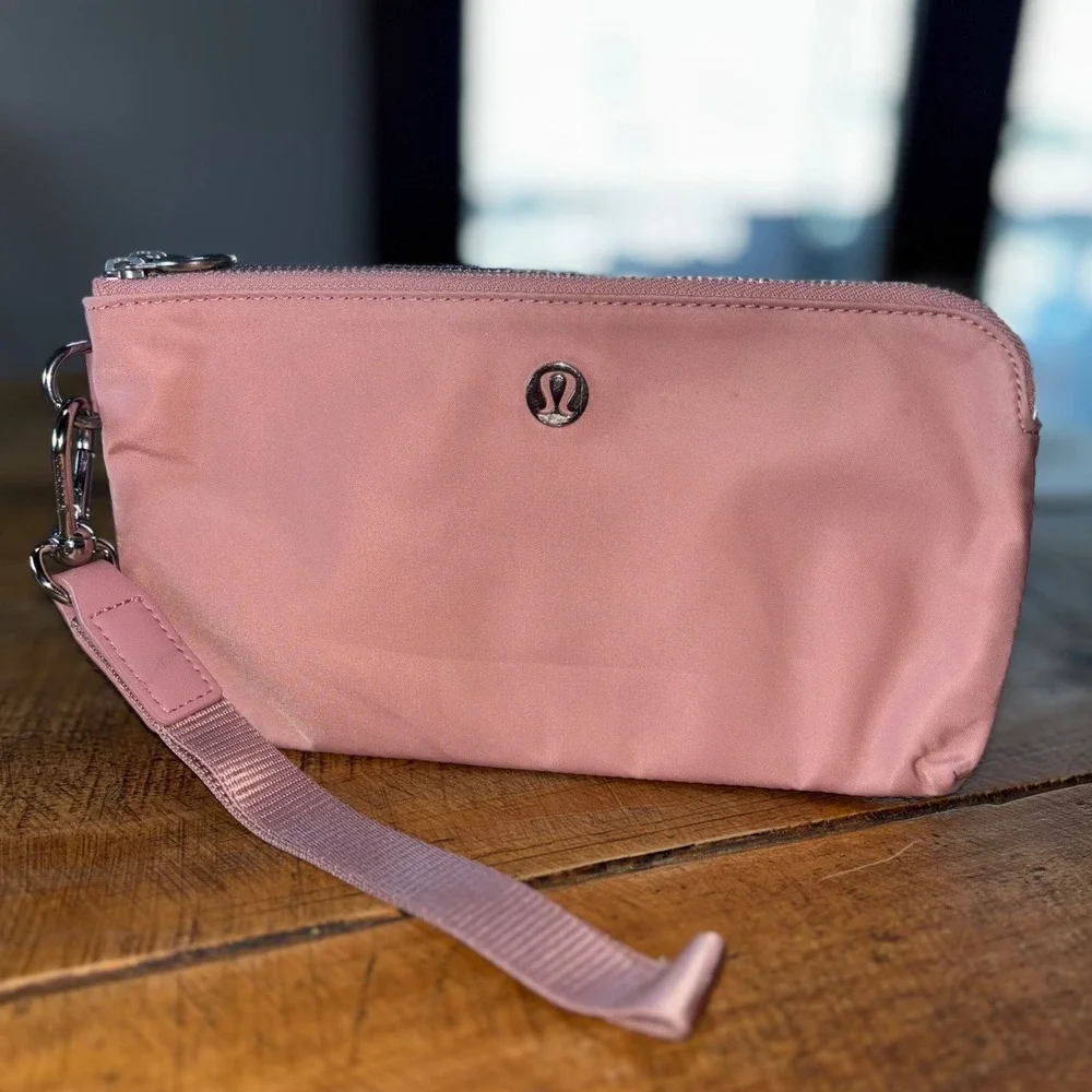 Lululemon‎ Now and Always Pink Wristlet Double Zipper Pockets Removable Strap